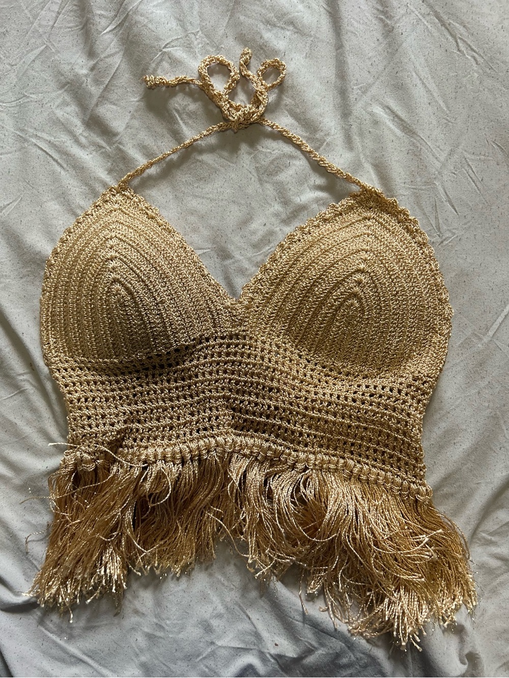 Handmade Gold Crochet Fringe Halter Crop Top
